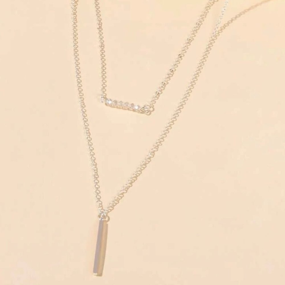 Silver Layered Bar & Beaded Side Necklace - Picture 2 of 3